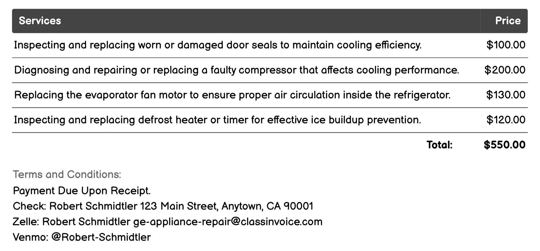 Refrigerator and Freezer Repair Invoice Example