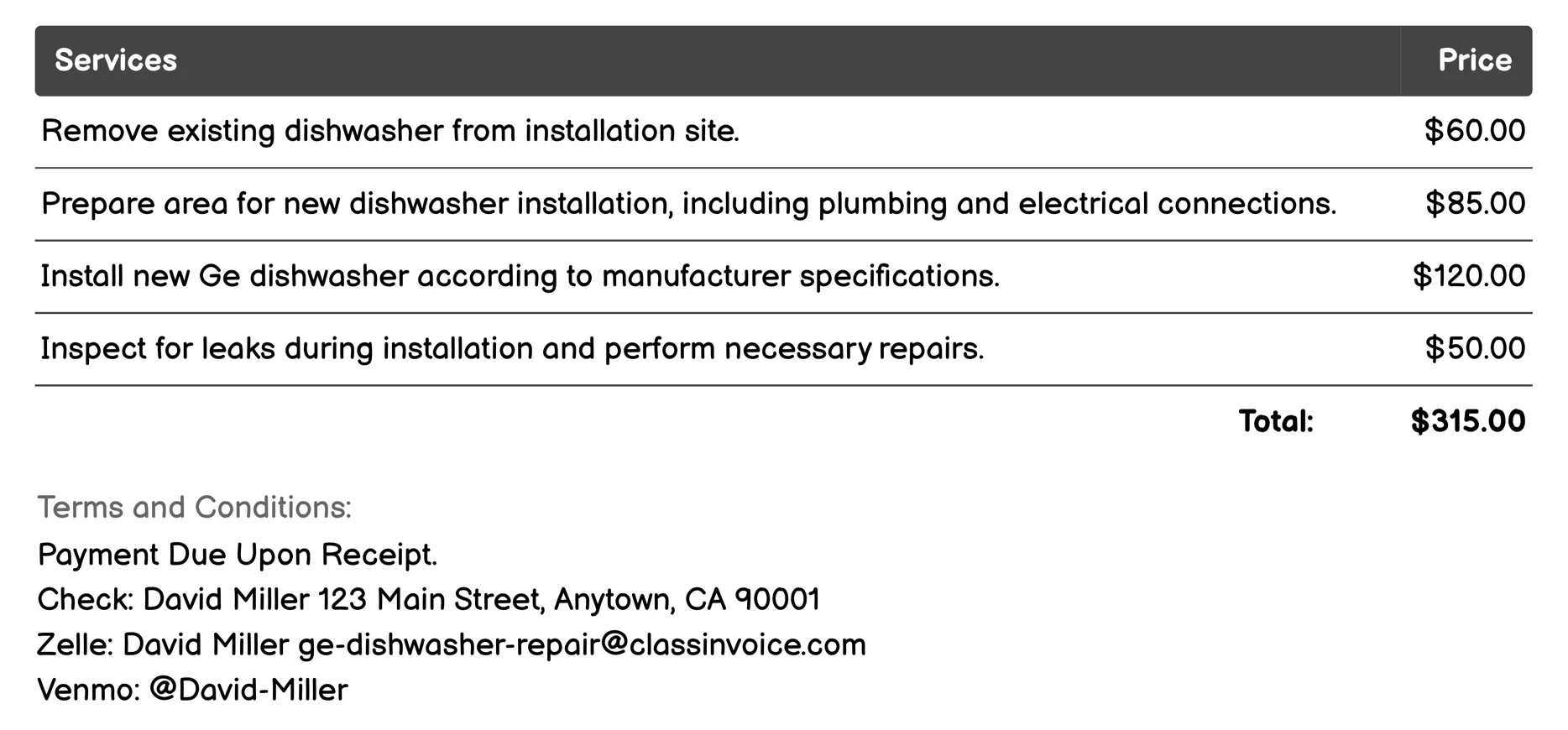 Dishwasher Installation Invoice Example