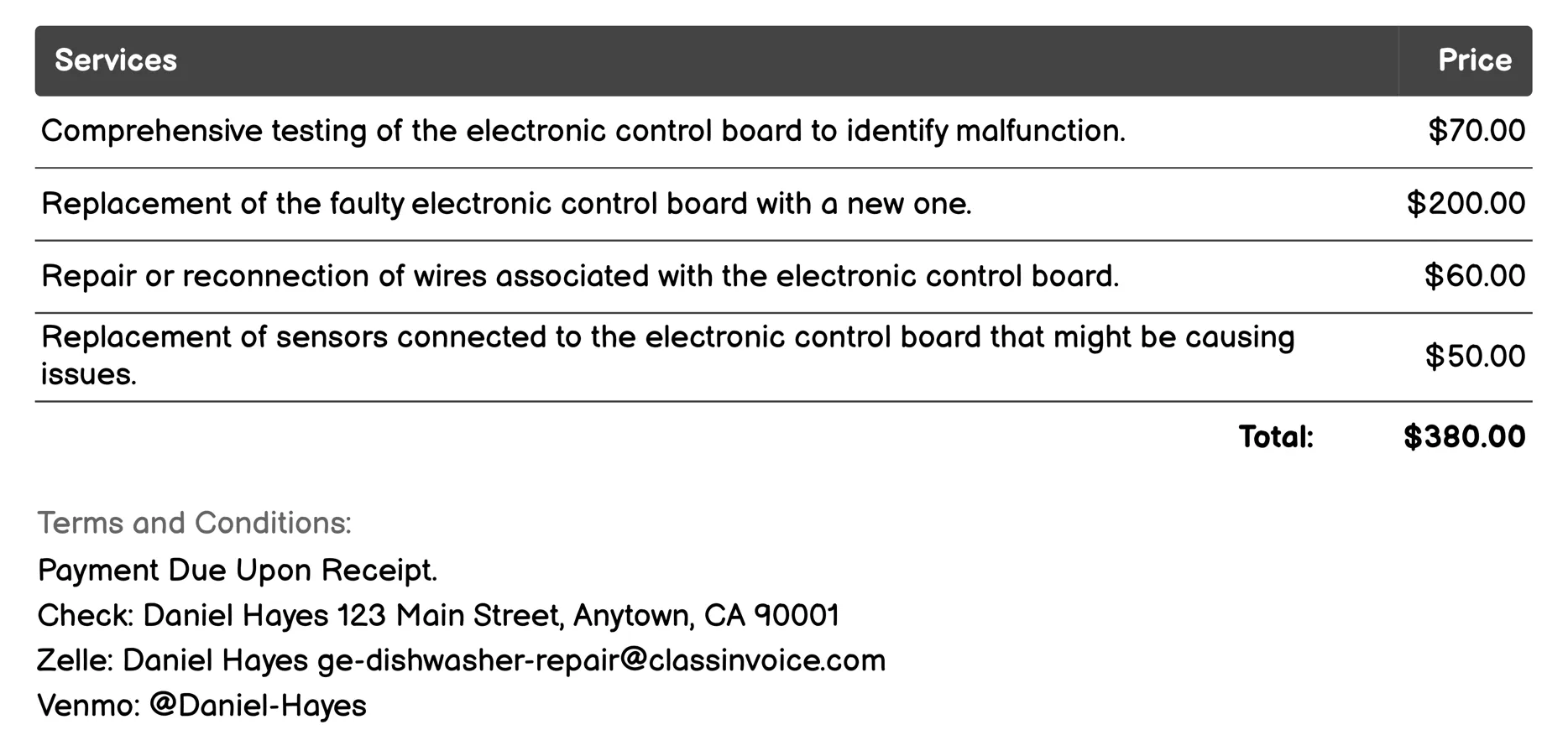 Electronic Control Board Repair Invoice Example