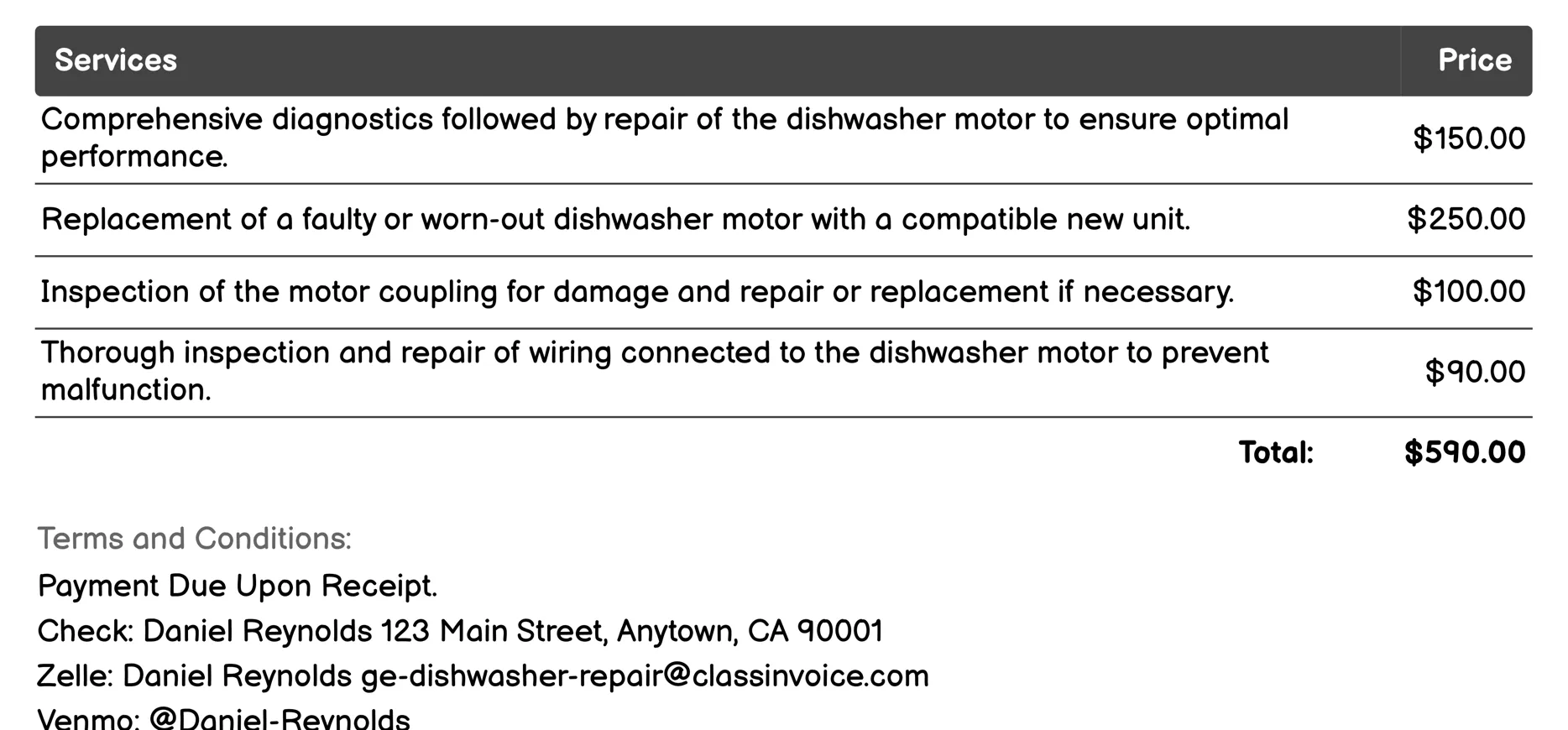 Motor Repair/Replacement Invoice Example