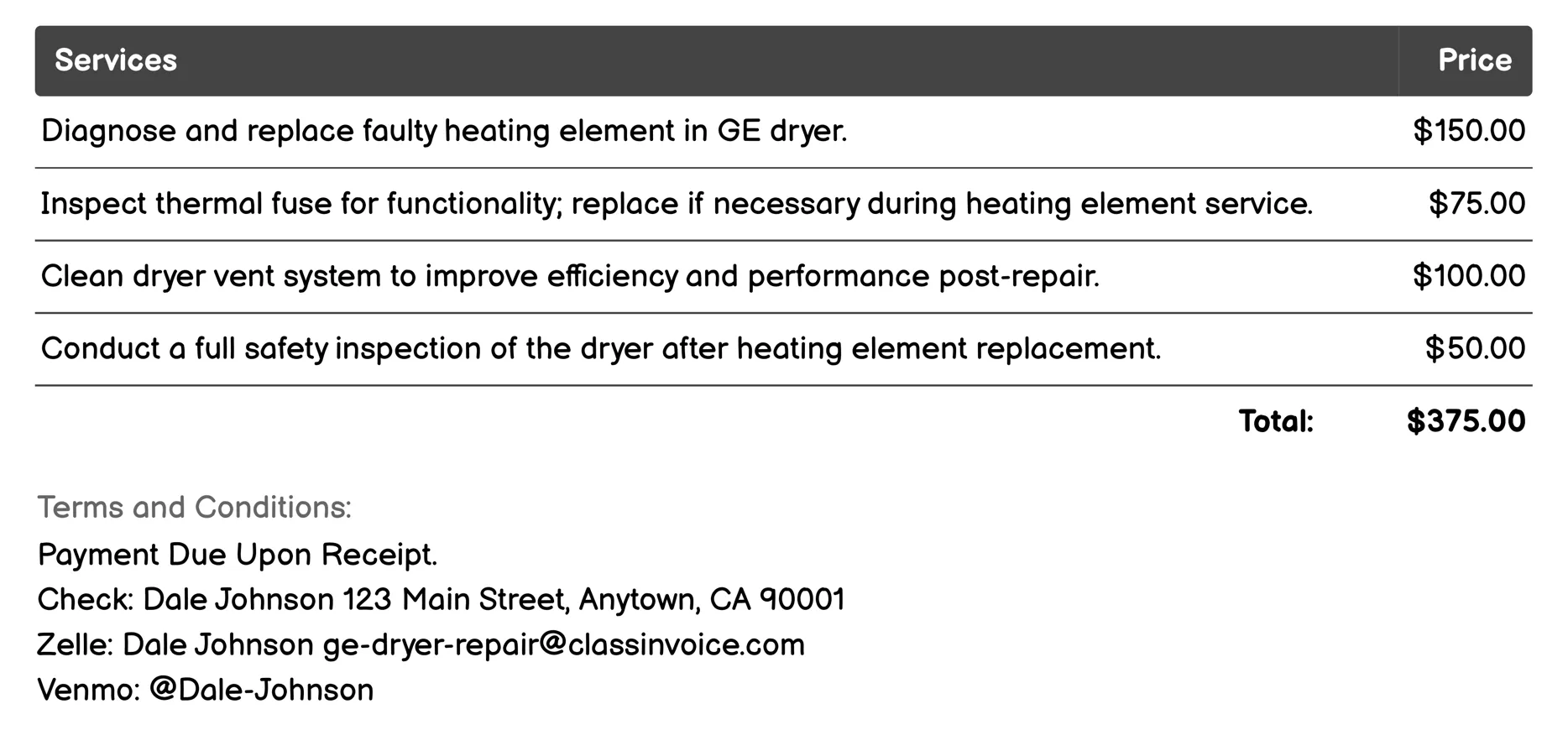 Heating Element Replacement Invoice Example