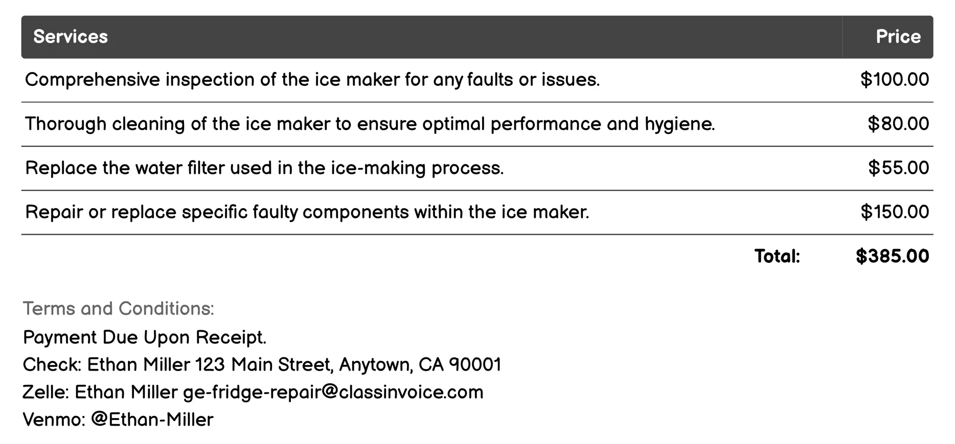 Ice Maker Service Invoice Example