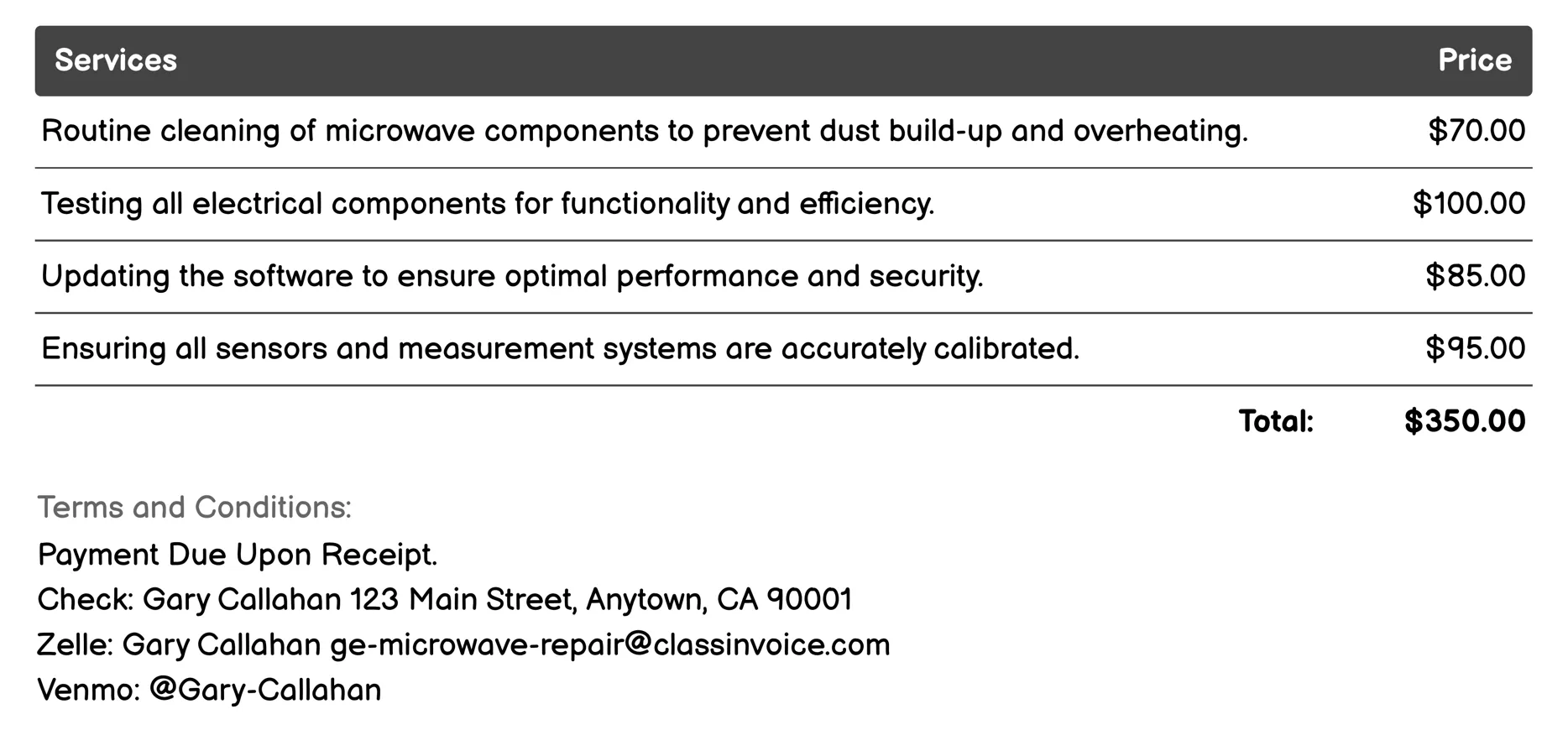Preventive Maintenance Invoice Example