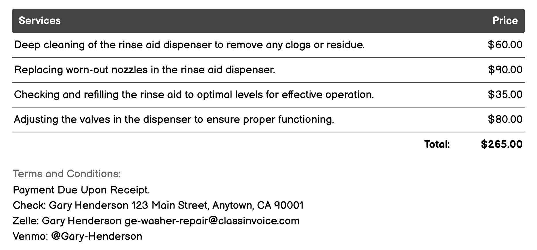 Rinse Aid Dispenser Maintenance Invoice Example