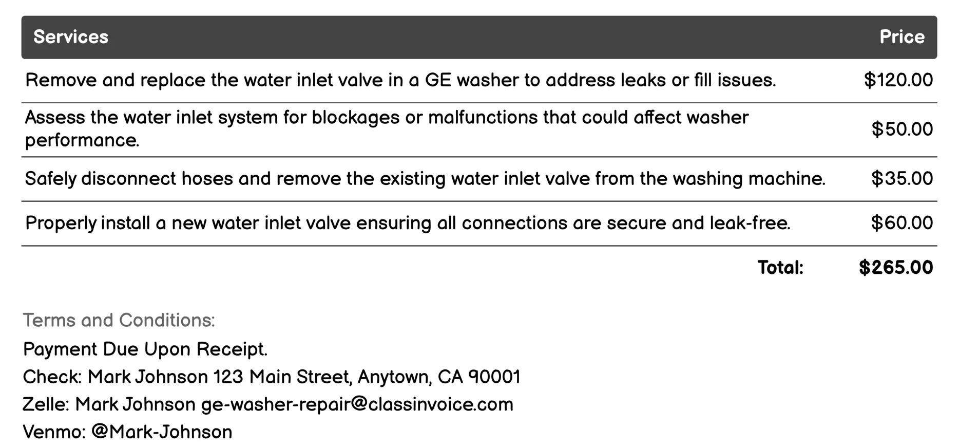 Water Inlet Valve Replacement Invoice Example