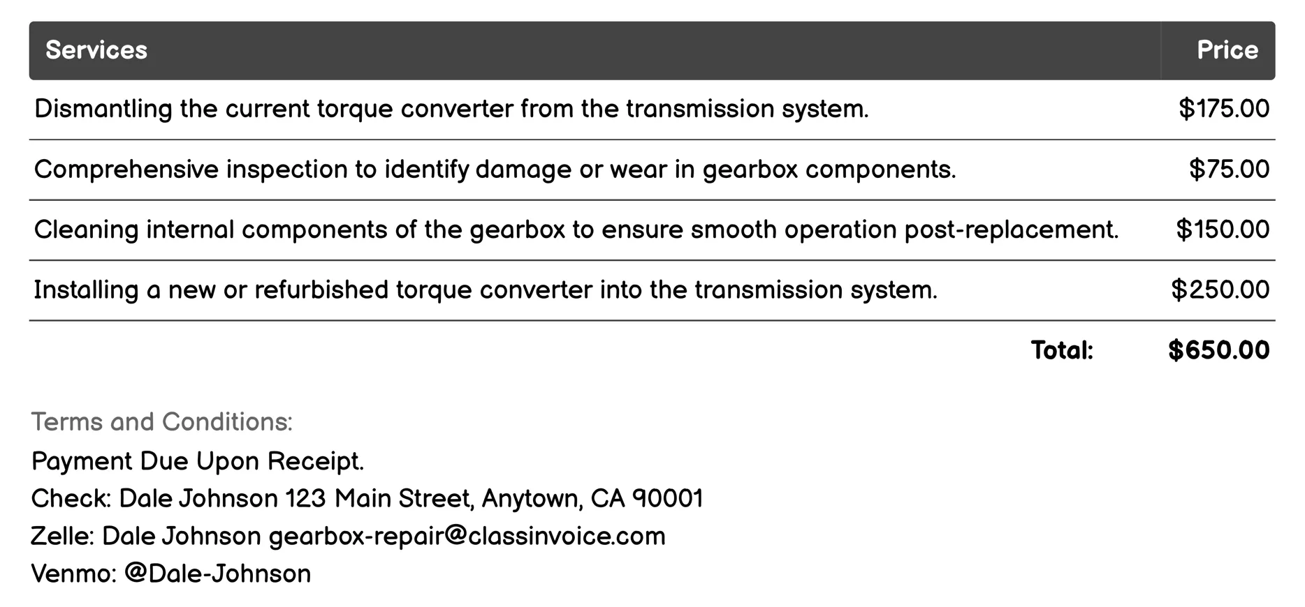 Torque Converter Replacement Invoice Example