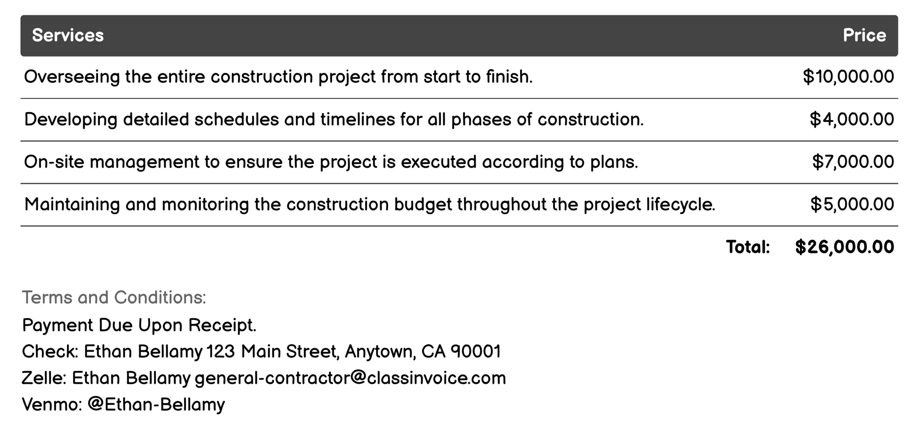 Construction Design Services Invoice Example