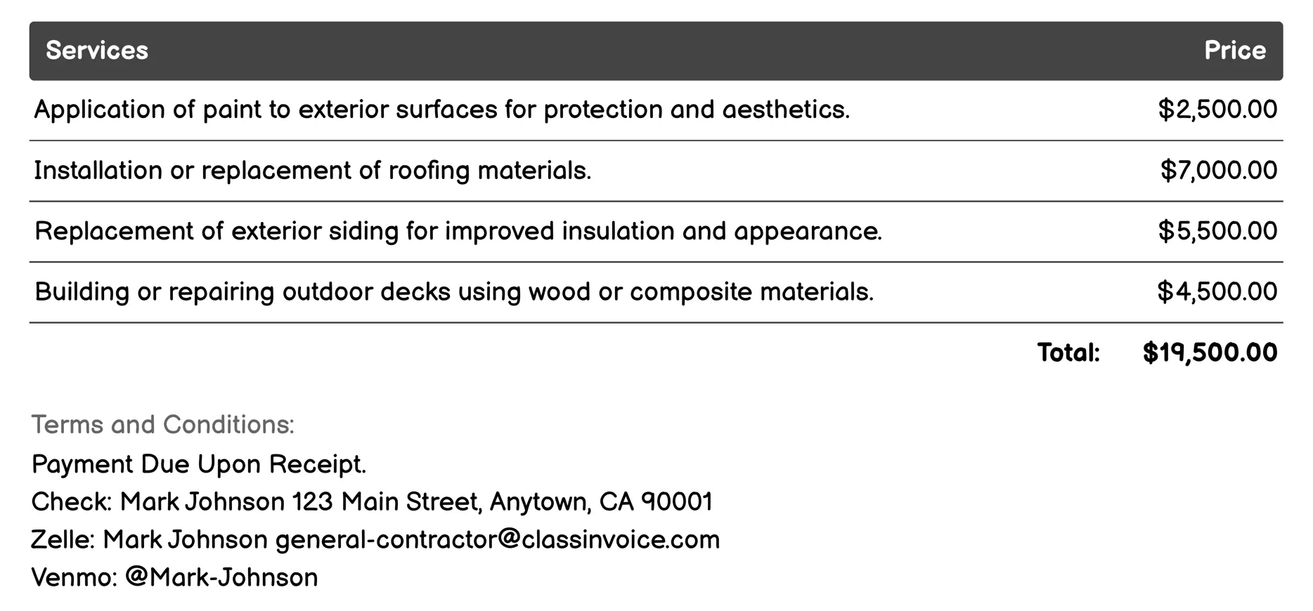 Exterior Finishing Invoice Example