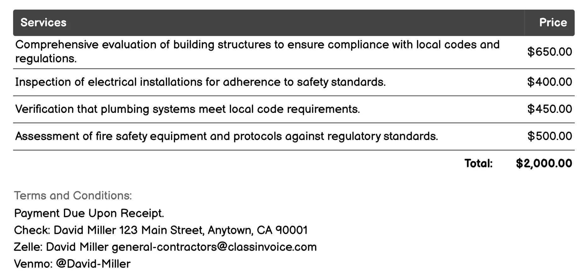 Building Inspection and Compliance Invoice Example