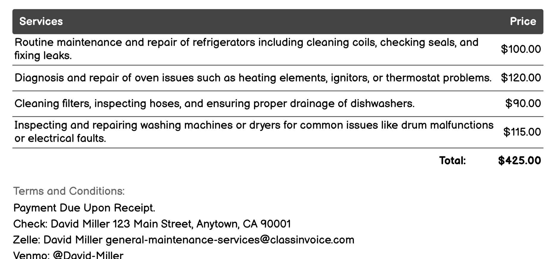 Appliance Repair and Service Invoice Example