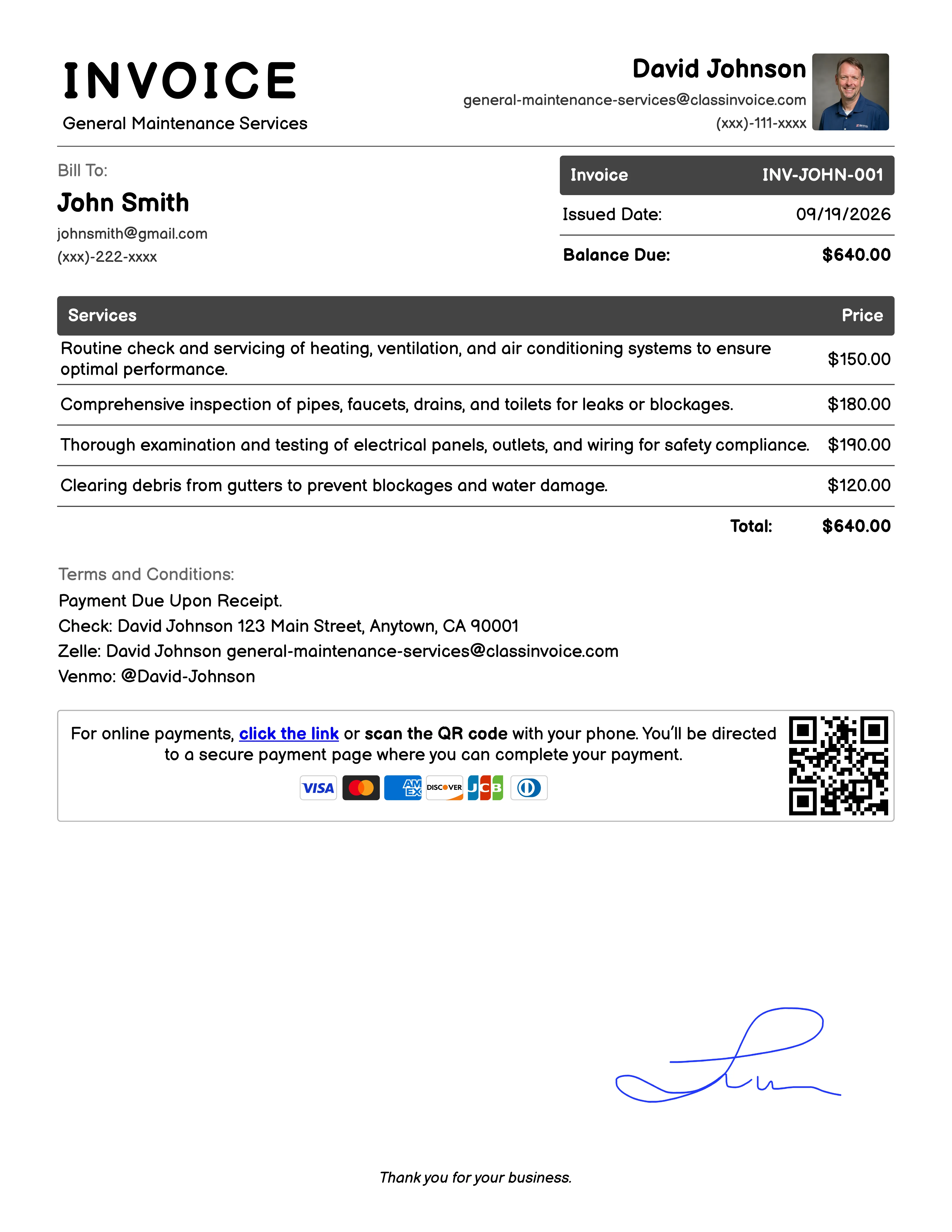 General Maintenance Services Invoice Example