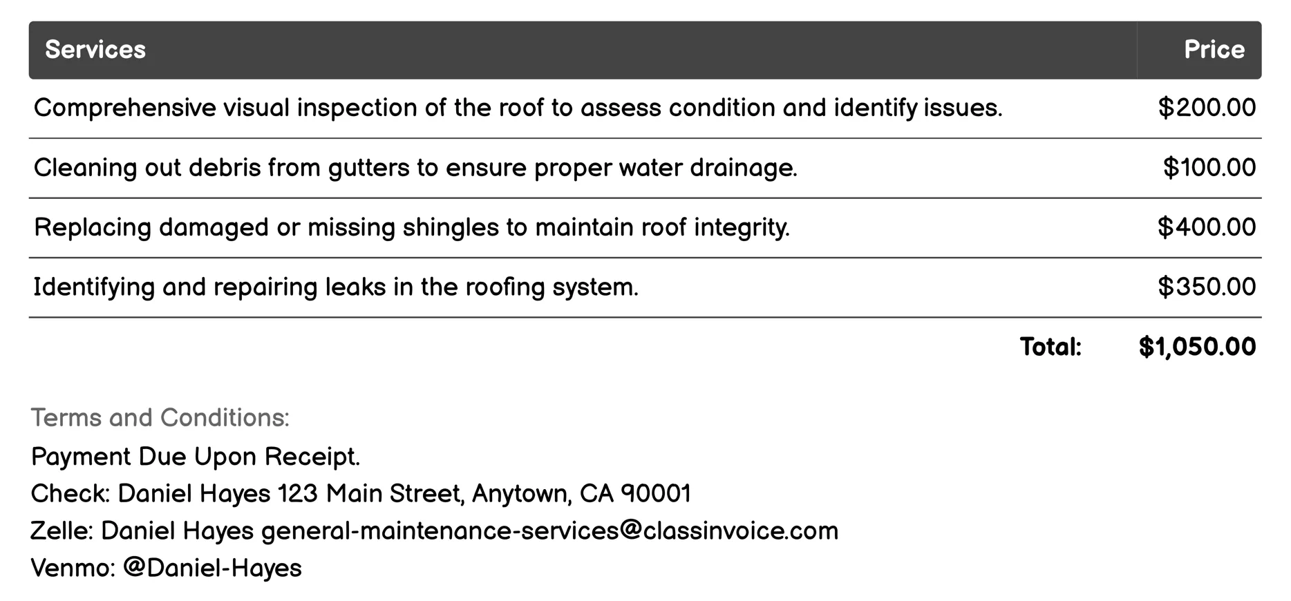 Roof Maintenance and Repairs Invoice Example