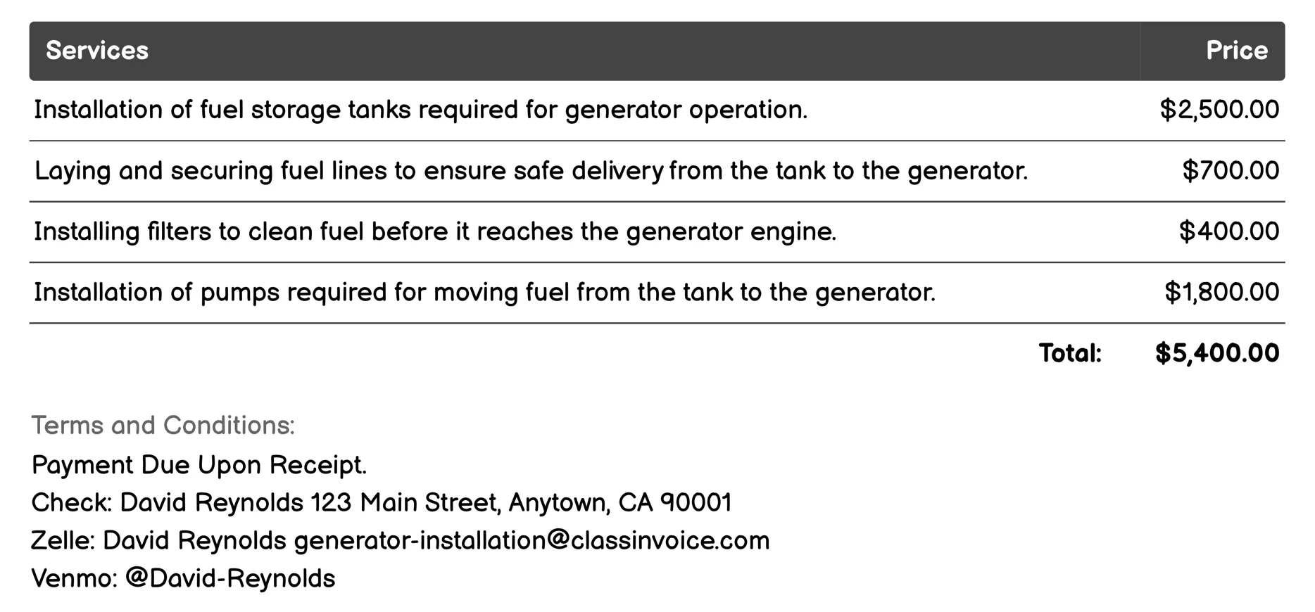 Fuel System Installation for Generators Invoice Example