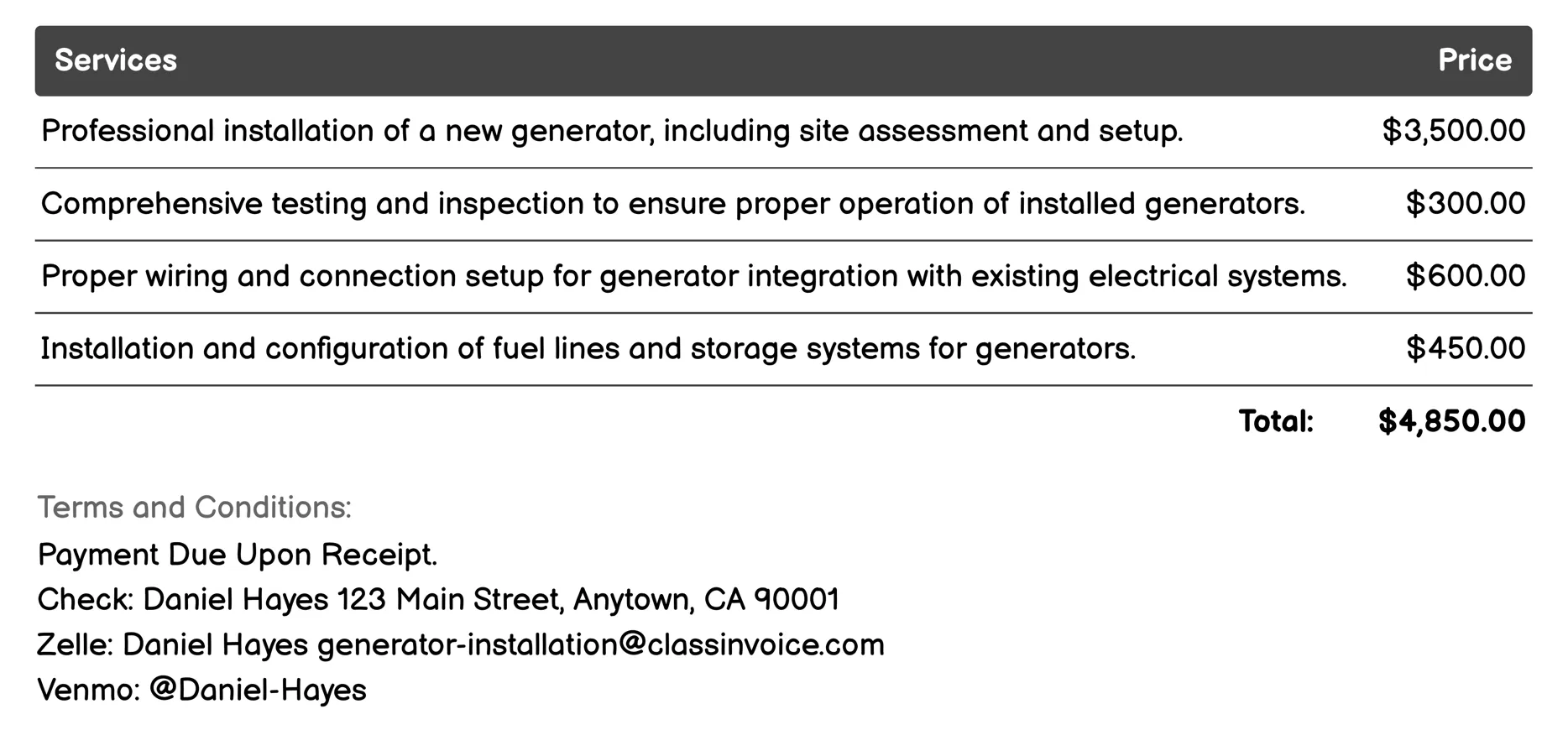Generator Maintenance and Servicing Invoice Example