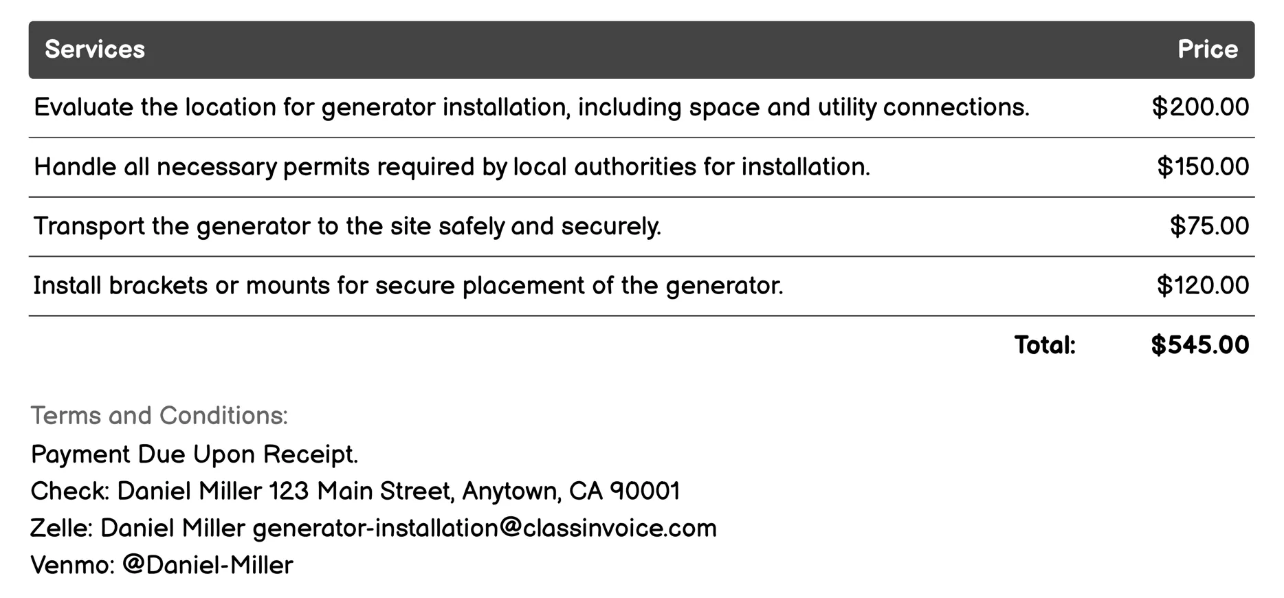 Portable Generator Installation Invoice Example