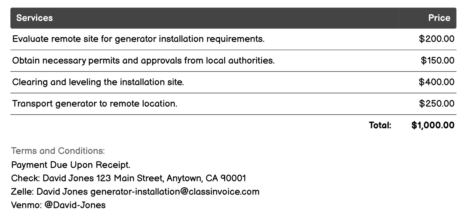 Remote Site Generator Installation Invoice Example