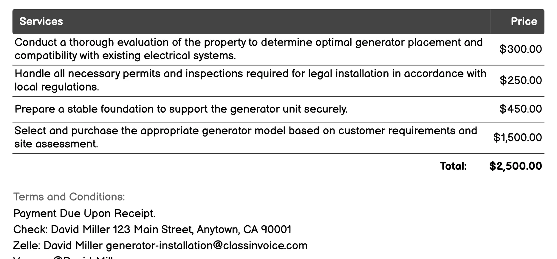 Residential Generator Installation Invoice Example