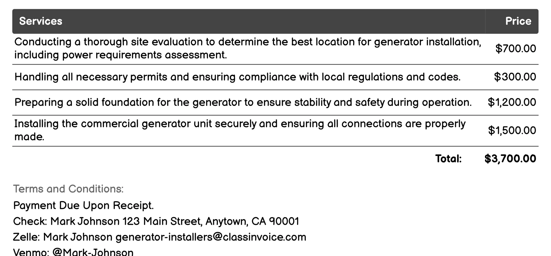 Commercial Generator Installation Invoice Example