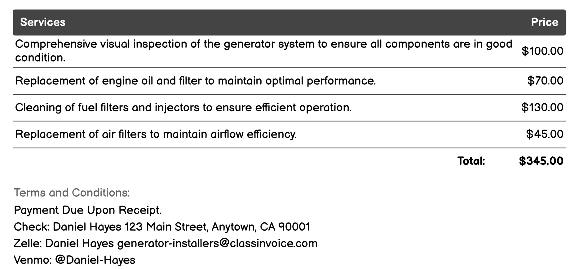 Generator Maintenance & Servicing Invoice Example