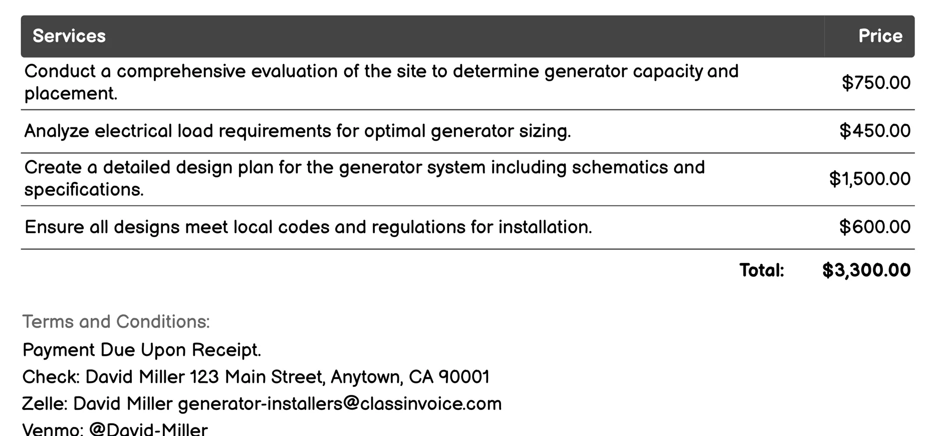 Generator System Design & Consultation Invoice Example
