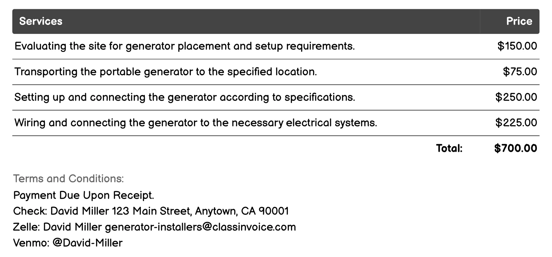 Portable Generator Rental & Setup Invoice Example