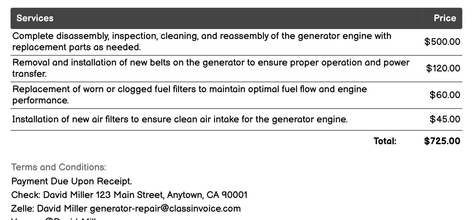 Parts Replacement Services Invoice Example