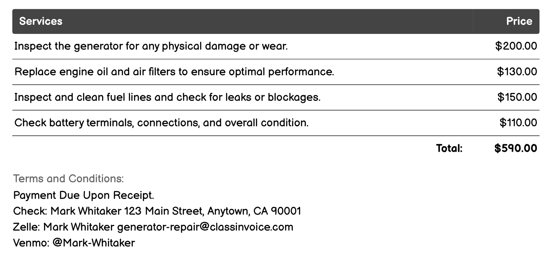 Preventive Maintenance Programs Invoice Example