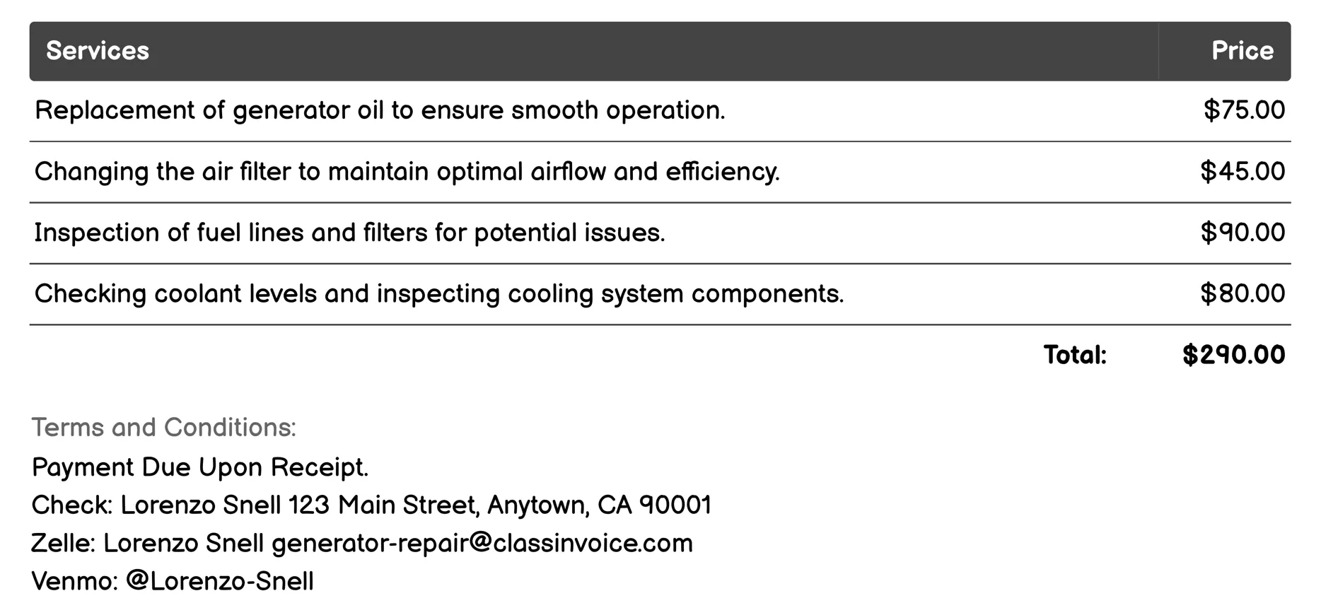 Routine Maintenance Invoice Example