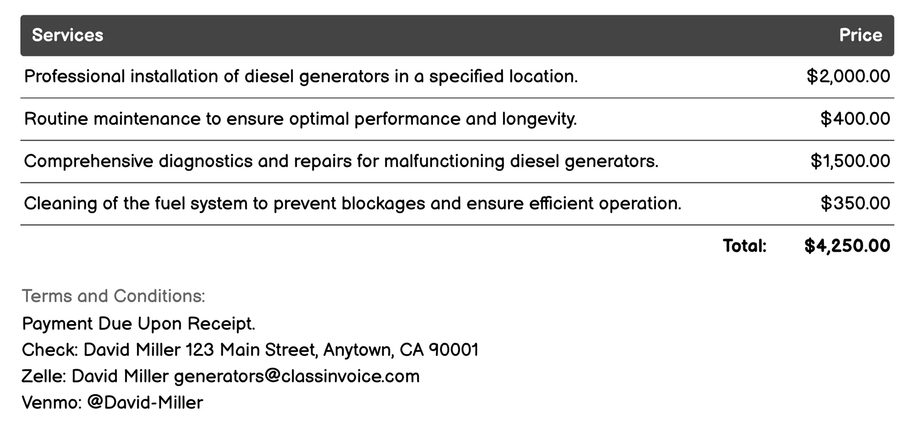 Diesel Generators Invoice Example