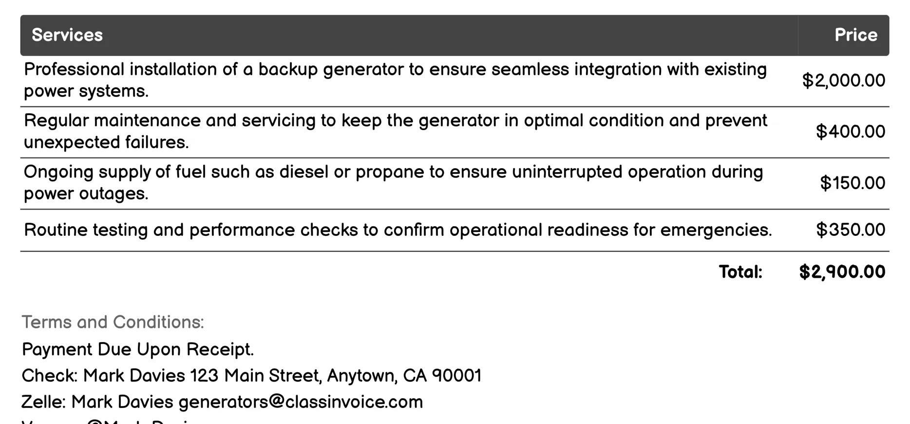 Emergency Backup Power Invoice Example