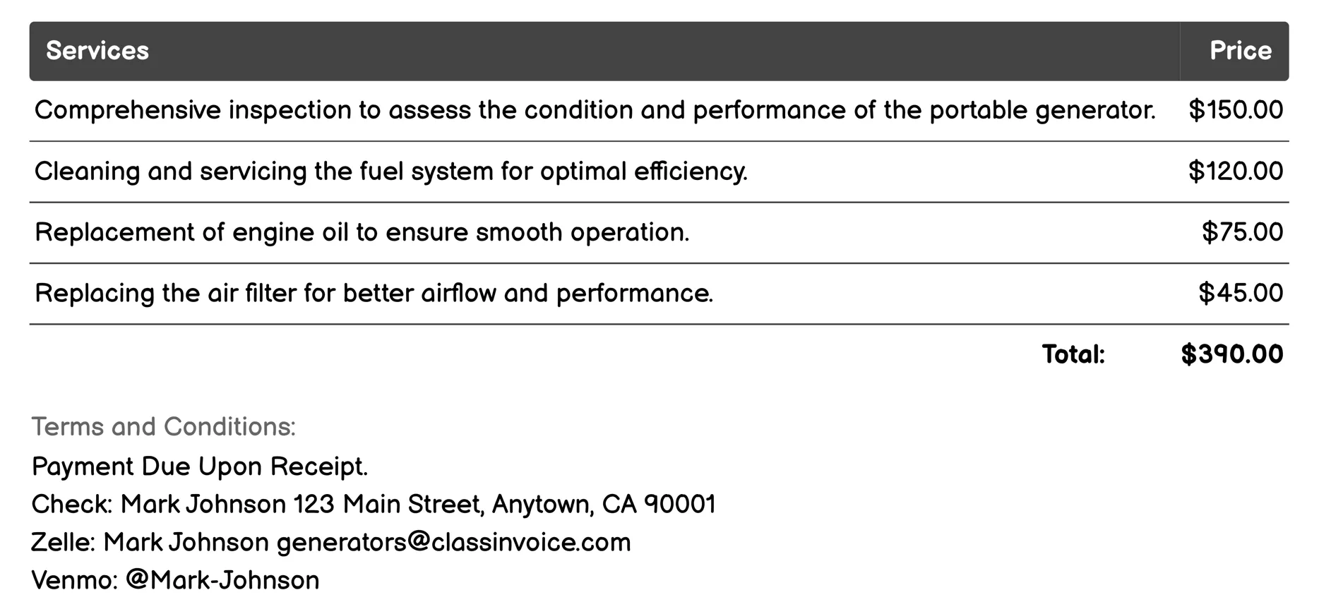 Portable Generators Invoice Example