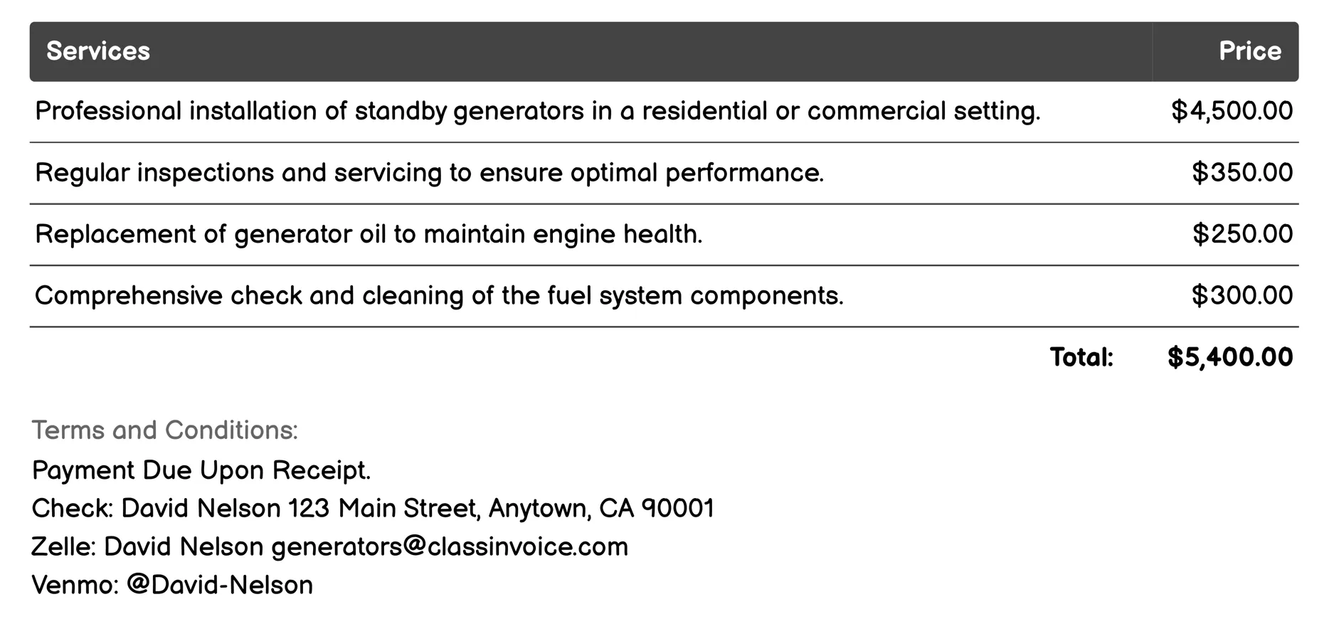 Standby Generators Invoice Example
