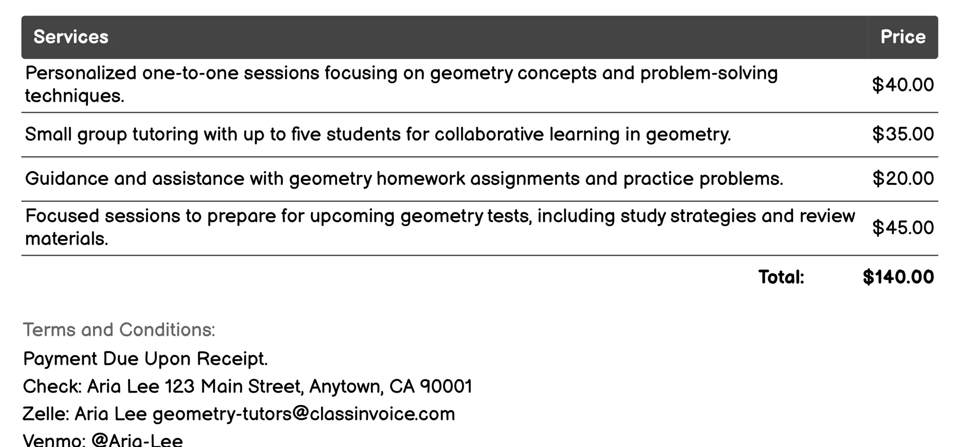 After-School Programs Invoice Example