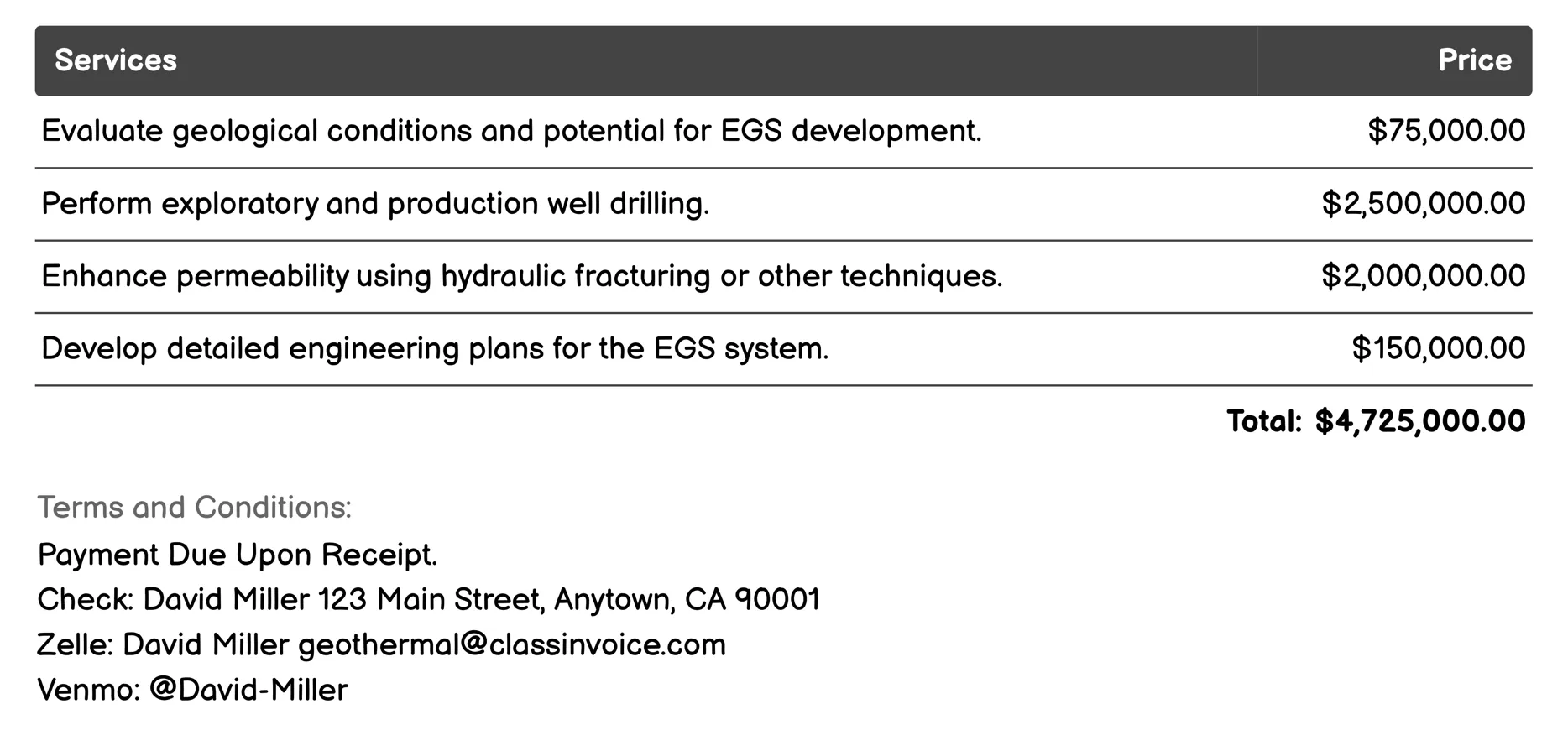 Enhanced Geothermal Systems (EGS) Invoice Example