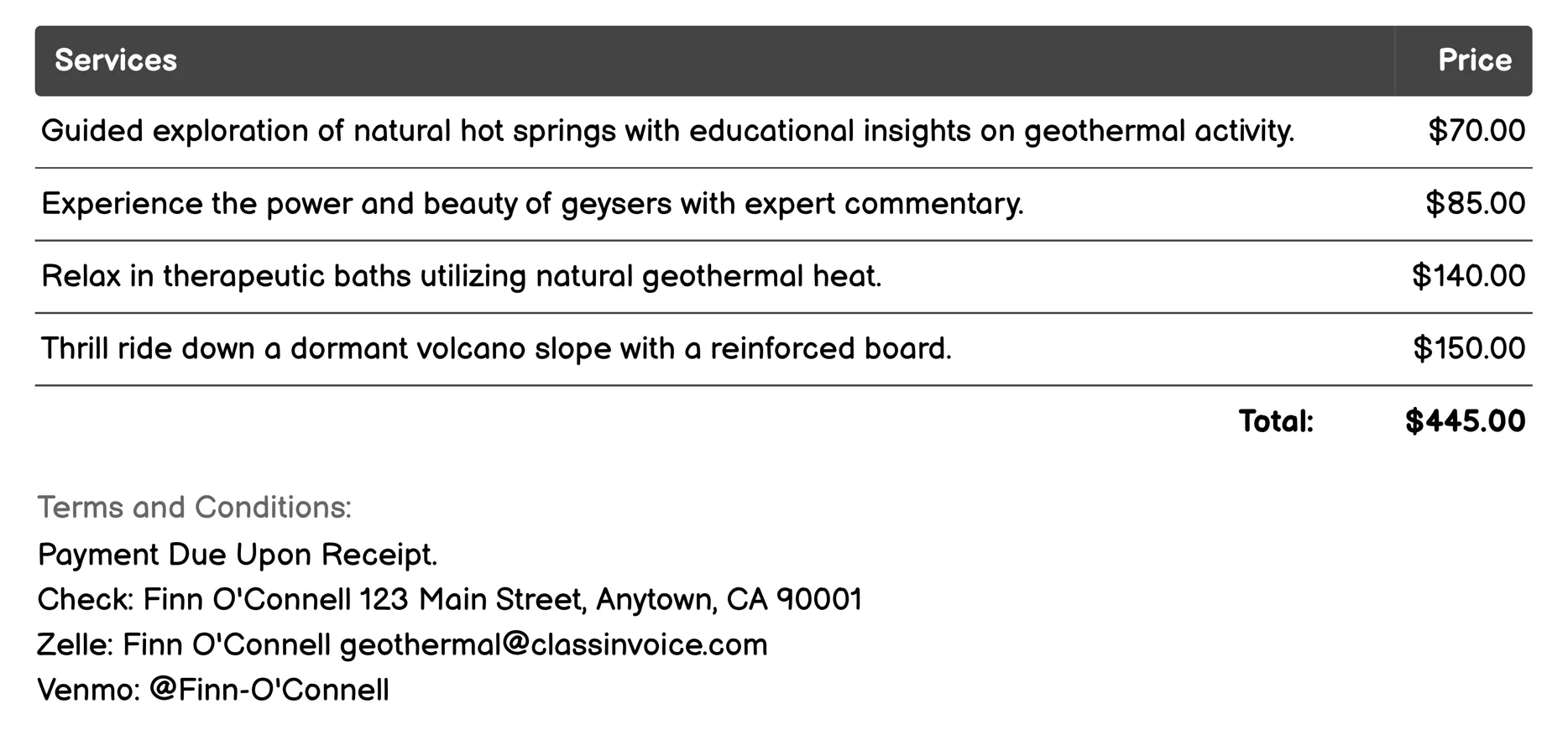Geothermal Tourism Invoice Example