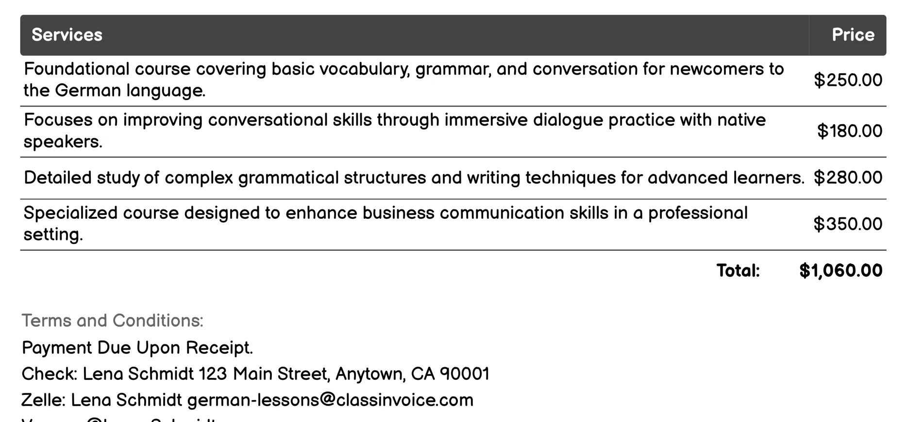 Cultural Immersion Programs Invoice Example