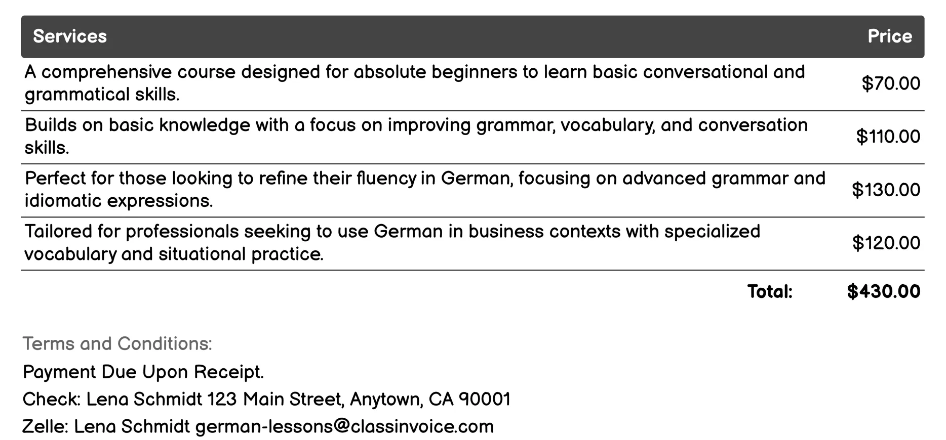 Online German Courses Invoice Example