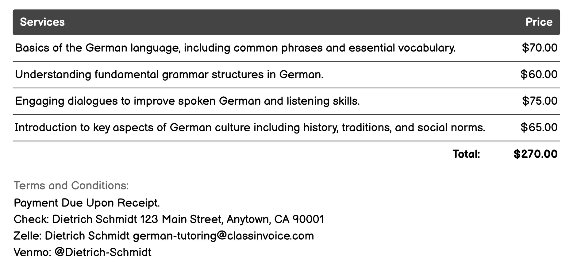 German Culture Lessons Invoice Example