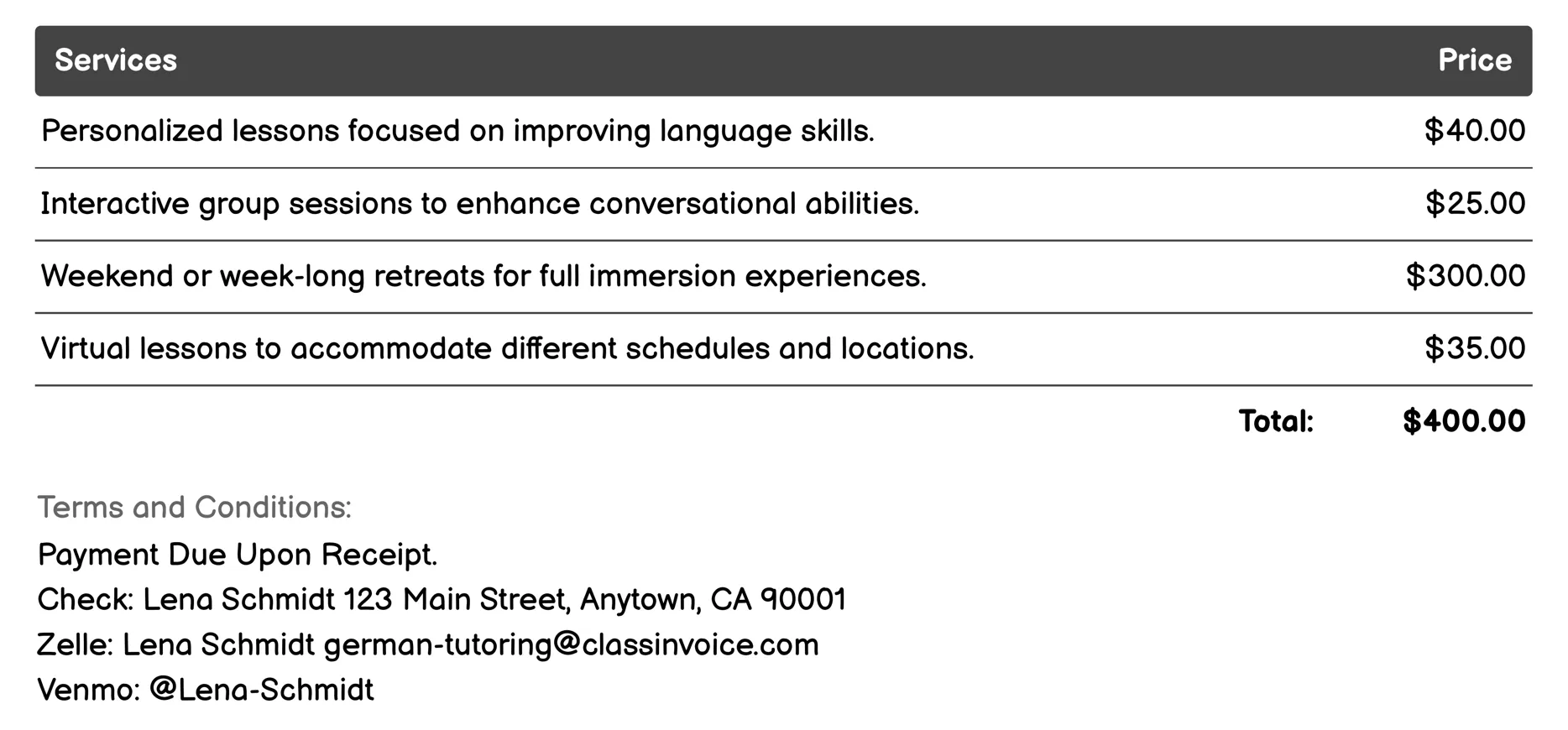Language Immersion Programs Invoice Example