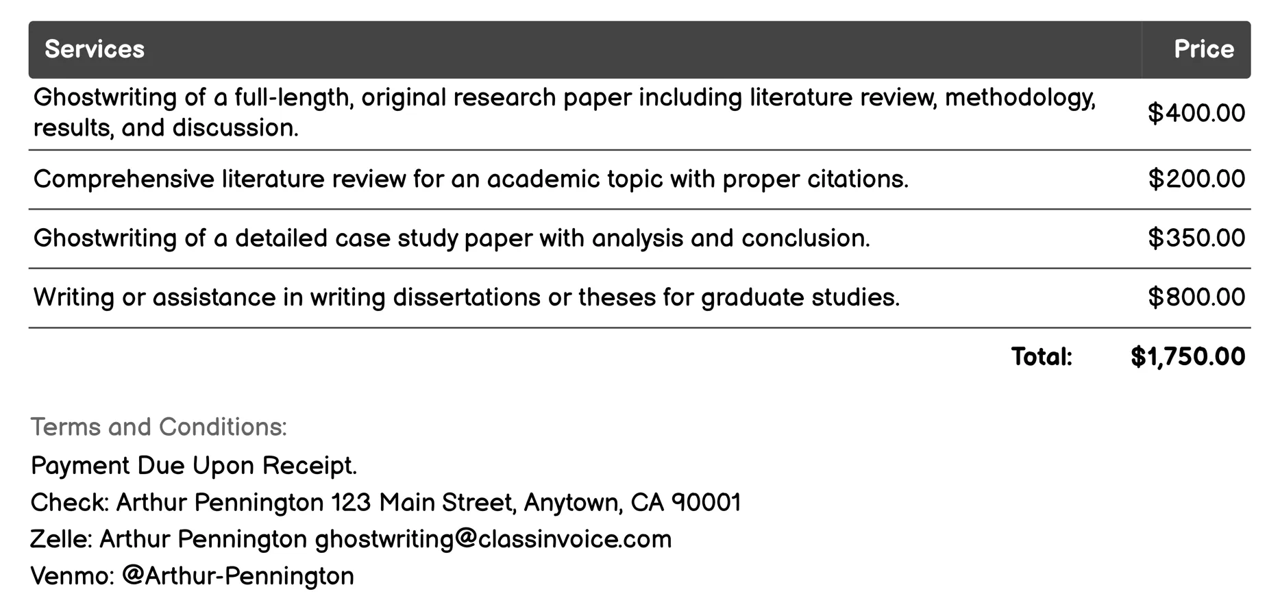 Academic Papers Invoice Example
