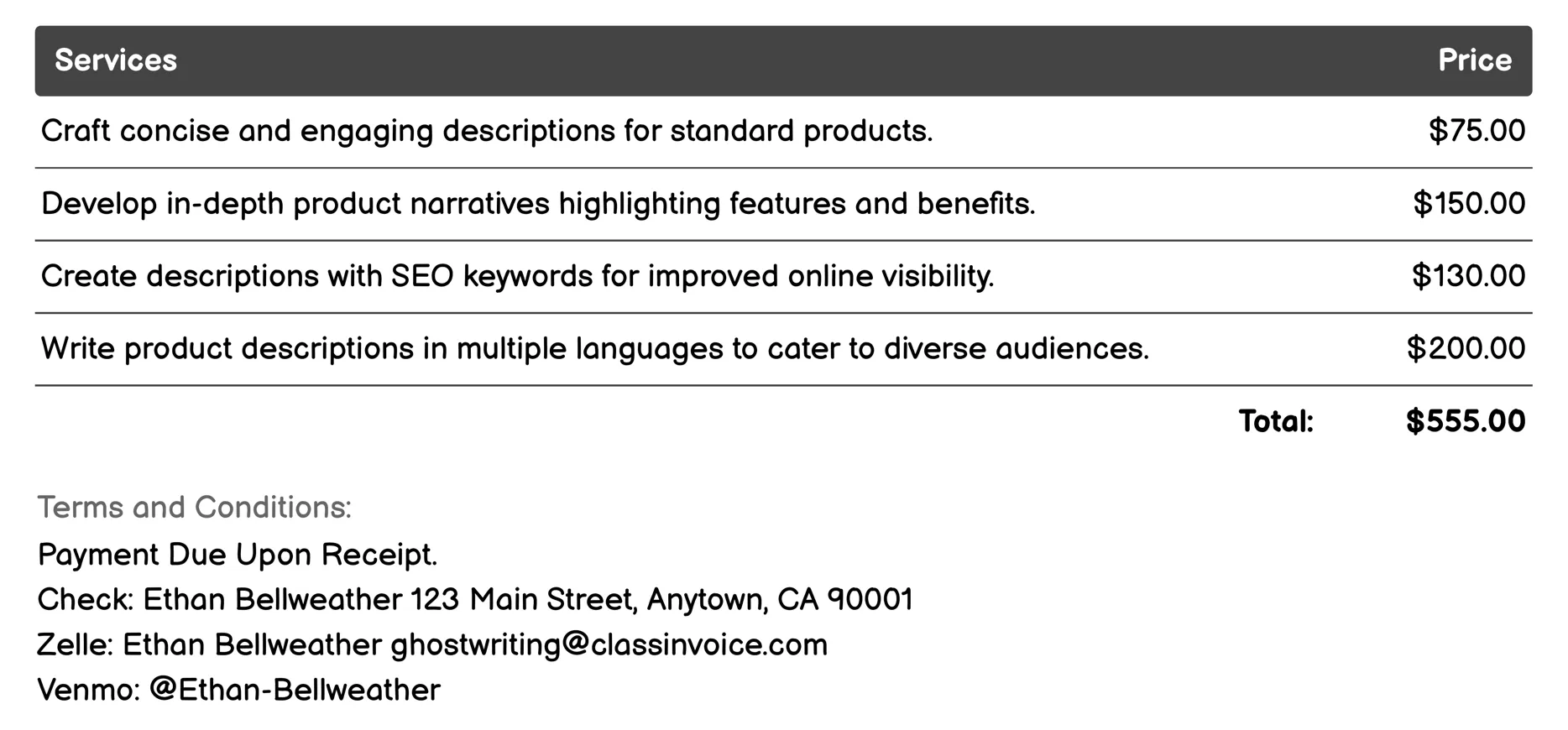 Product Descriptions Invoice Example