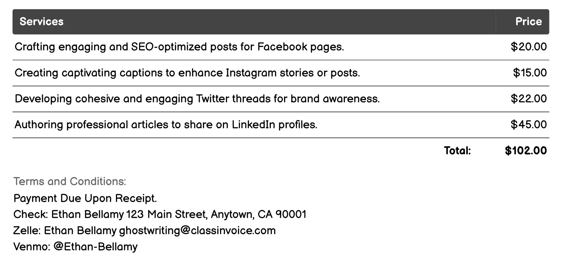 Social Media Content Invoice Example