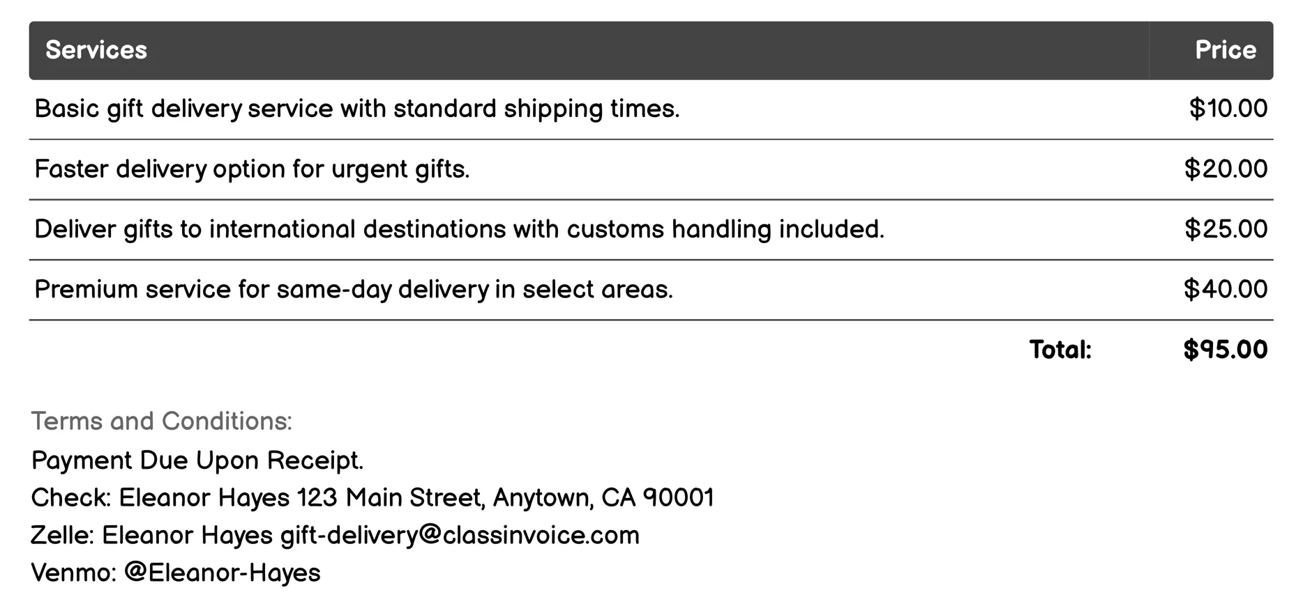 E-commerce Gift Shipping Invoice Example