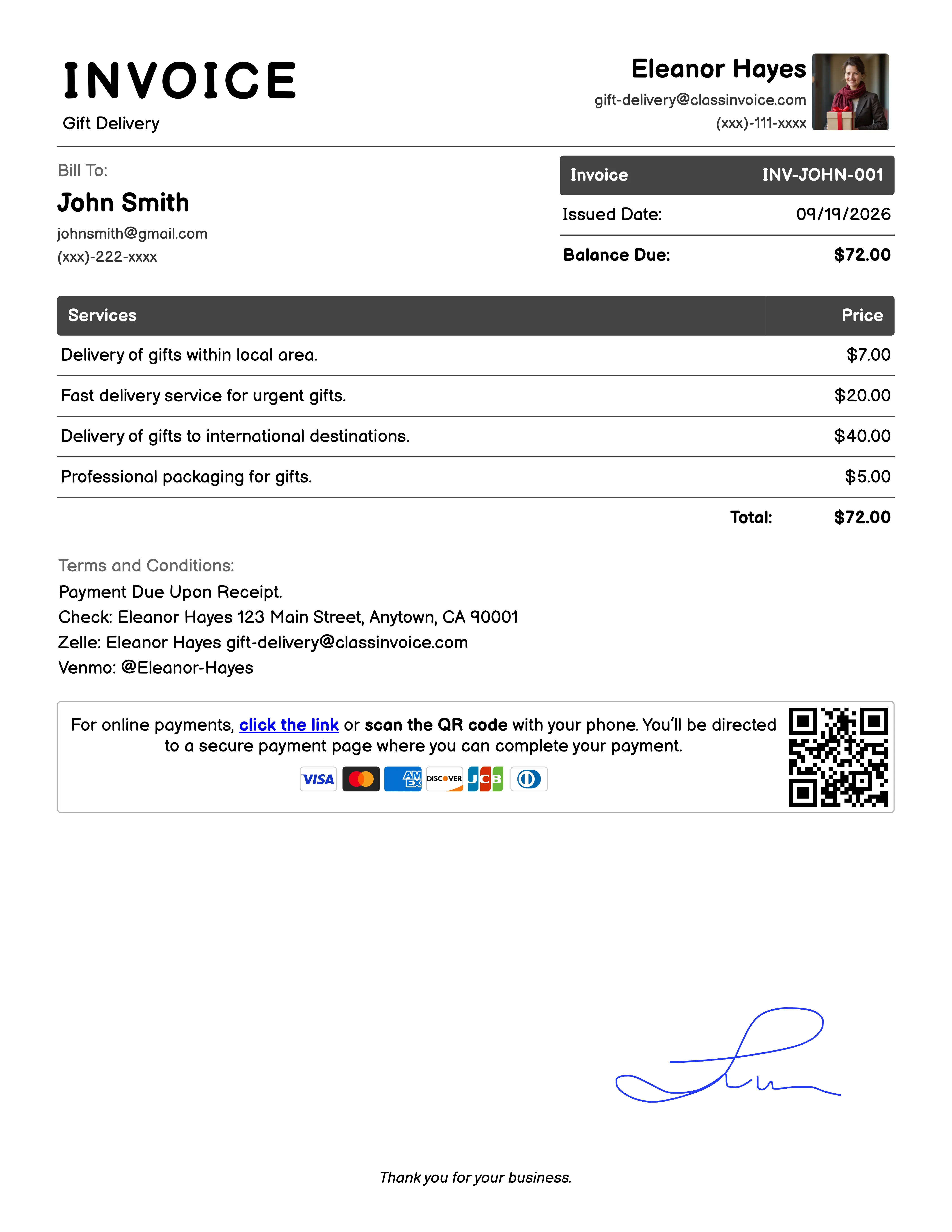 Gift Delivery Invoice Example