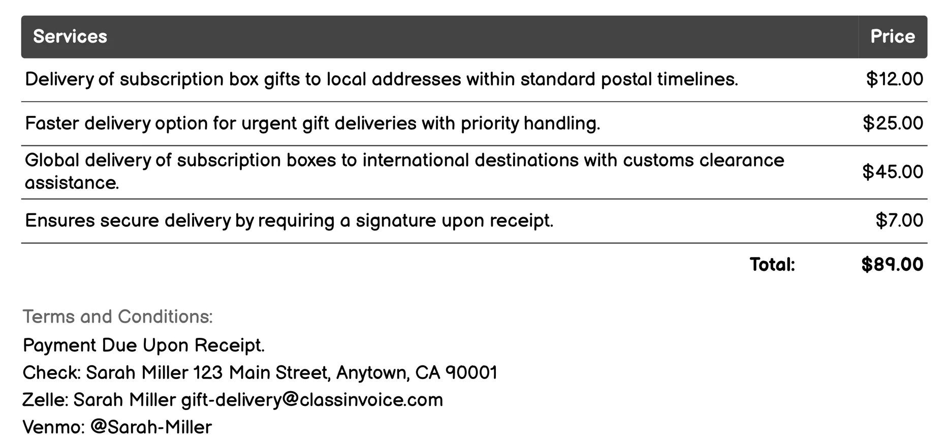 Subscription Box Gifts Invoice Example