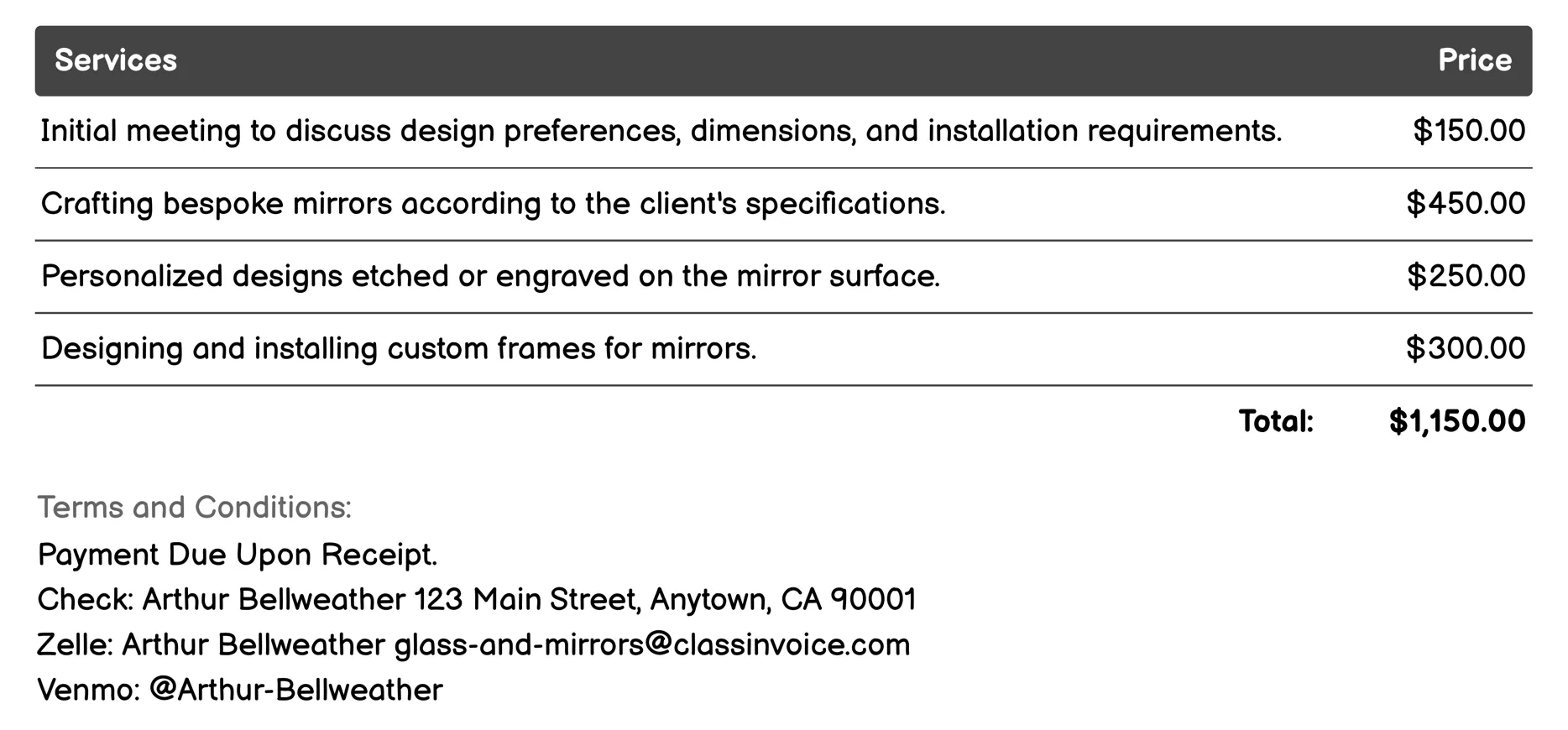 Custom Mirror Design Invoice Example