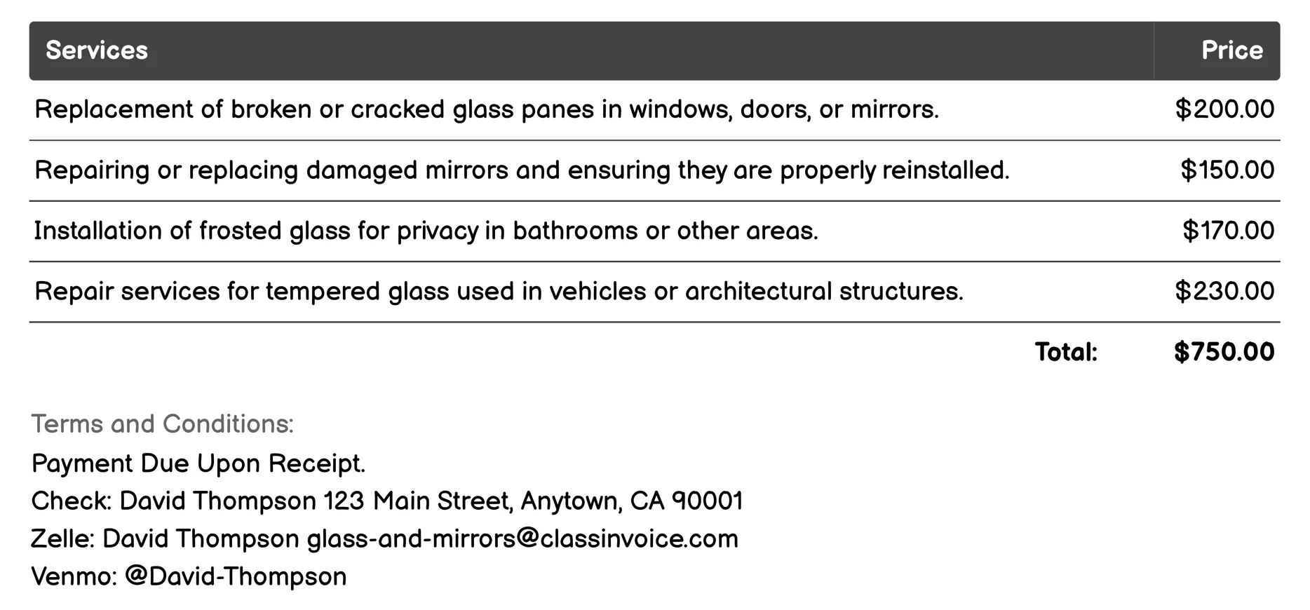 Glass Repair Services Invoice Example