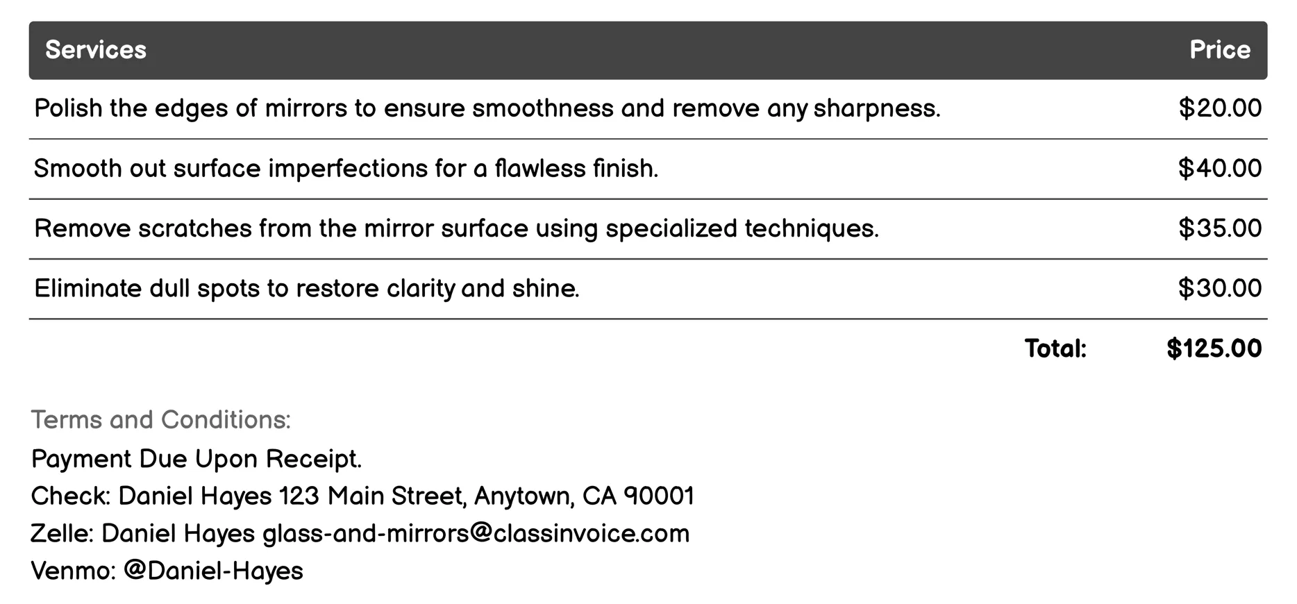 Mirror Polishing and Finishing Invoice Example