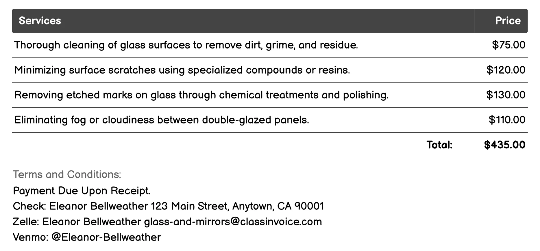 Mirror Restoration Invoice Example