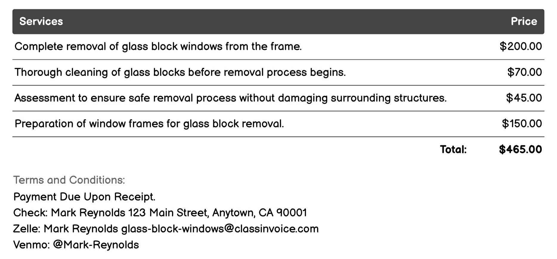 Removal Services Invoice Example